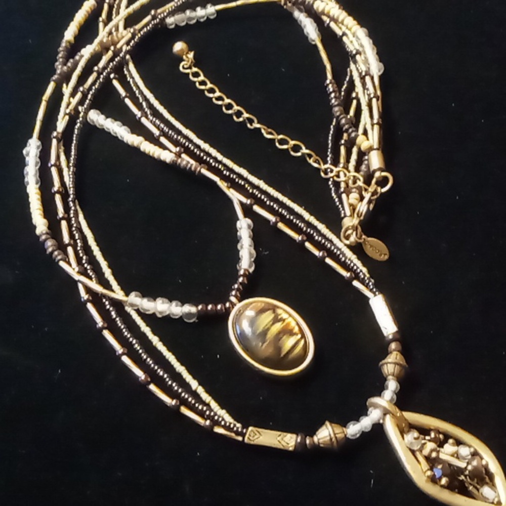 Chico's multi media layered 2 pendant necklace 26 to 34 inches long neutral tone